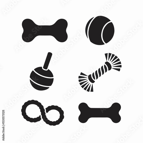 Black and white vector illustrations of various dog toys including bones balls and rope toys for pet care