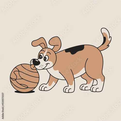 Playful cartoon dog interacting with a round ball representing fun and friendship concept