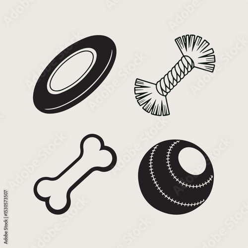 Simplified black and white dog toy icons depicting a frisbee rope bone and ball with white background for pet related design elements