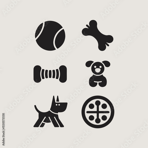 Set of simple vector illustrations depicting dog toys and accessories in a modern black and white design