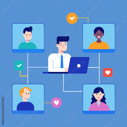 A hybrid meeting setup, showing in-office and remote team members interacting seamlessly on screens.