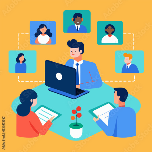 A hybrid meeting setup, showing in-office and remote team members interacting seamlessly on screens.