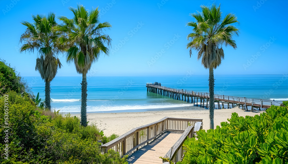 Fototapeta premium Sunny Beach View With Palm Trees and a Wooden Pier in the Distance on a Clear Day