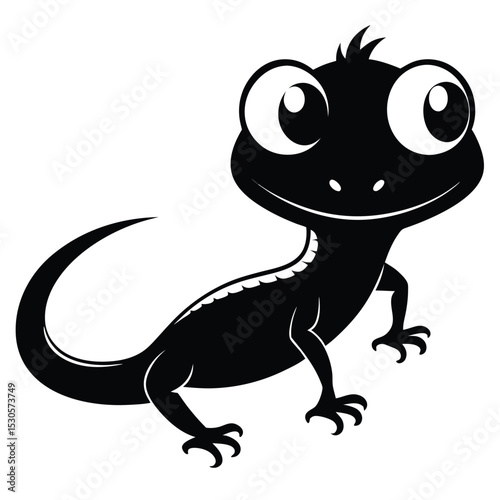 Cartoon lizard smiles with huge eyes and little feet in a simple black silhouette