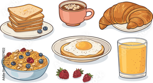 Breakfast food icon set cozy flat vector illustrations of morning staples like toast, fried egg, coffee mug, cereal bowl, croissant, pancake stack, and orange juice. Perfect for menu.