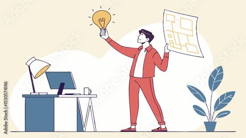 Illustration of a man holding a lightbulb and a flow chart in a room with a desk and a plant pot