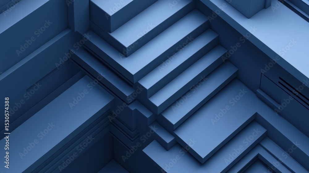 Fototapeta premium Geometric shapes in a deep blue color create a complex architectural form.