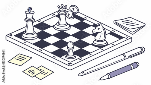Isometric view of chess board with chess pieces and stationery items like pens and paper documents around
