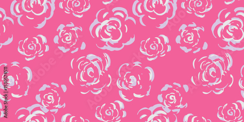 Seamless vector pattern with white sketchy roses on vibrant pink background. Artistic floral design ideal for fabric, kids apparel, wrapping paper, and romantic-themed projects.