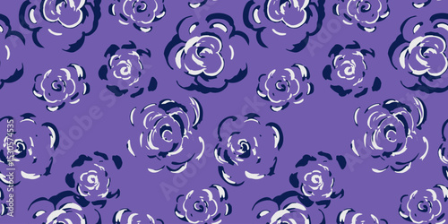 Seamless vector pattern with sketchy roses on violet, purple background. Artistic floral design for fabric, kids apparel, wrapping paper, romantic themed projects