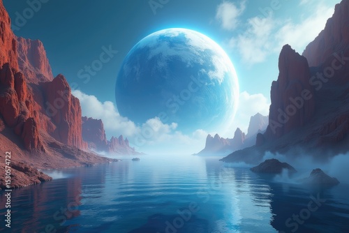 Epic SciFi Landscape Glowing Blue Planet Over Alien Canyon