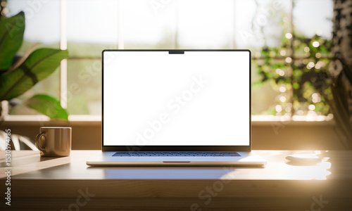 Laptop with blank screen on a bright desk, surrounded by sunlight and greenery, suggesting productivity and peace. CGI render