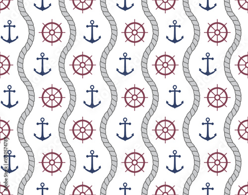 Seamless marine pattern with anchors, steering wheels and rope. Nautical symbols background.