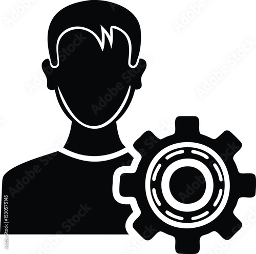 Profile Settings Icon – Vector Silhouette of User with Gear Symbol Representing Account Preferences, Admin Access, and Configuration Tools