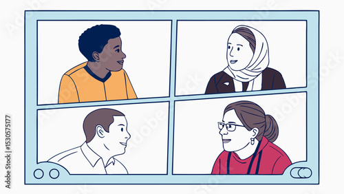 Illustration of four diverse people in a video conference call in a light blue window frame design
