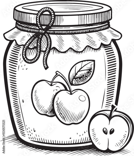 Apple Jam in Jar Vector Illustration, Sketch Drawing Line Linear Symbol Icon Engraving Coloring Book, Hand-drawn Black and White Isolated