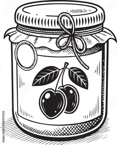 Plum Jam in Jar Vector Illustration, Sketch Drawing Line Linear Symbol Icon Engraving Coloring Book, Hand-drawn Black and White Isolated