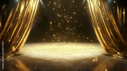 Golden curtains move softly, revealing a dazzling stage filled with shimmering lights and an enchanting ambiance for performances