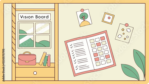 Illustration of a vision board with a checklist, drawings, and a cabinet with a window and books