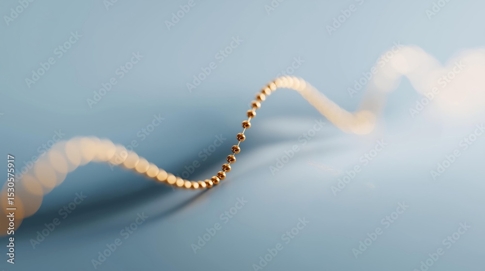 Naklejka premium Close-up of a single strand of gold beads on a blue background. the beads are arranged in a curved line, creating a wave-like pattern.