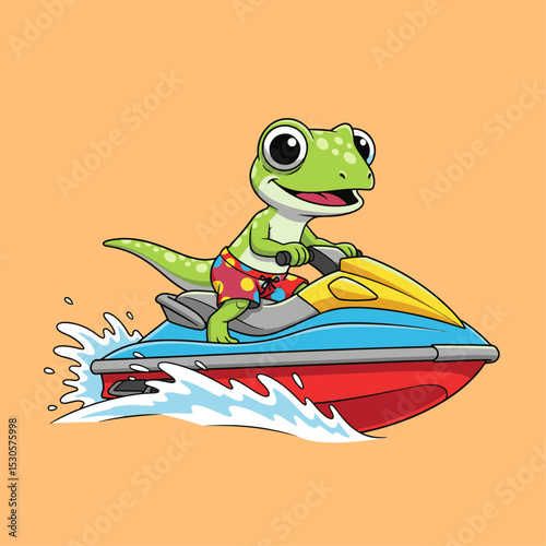 Cute cartoon alligator riding a jet ski thrilling water adventure characterful scene