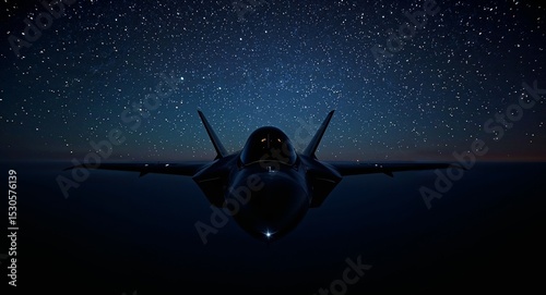 F35 Lightning II Flying at Night Under a Starry Sky, A Dark Silhouette.
