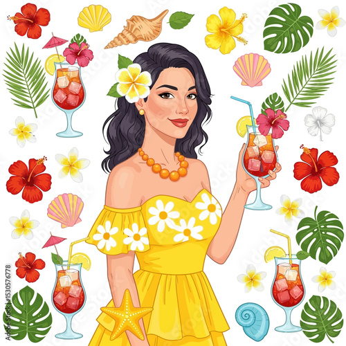 Vibrant illustration of a woman with tropical cocktails and floral elements for summer themes