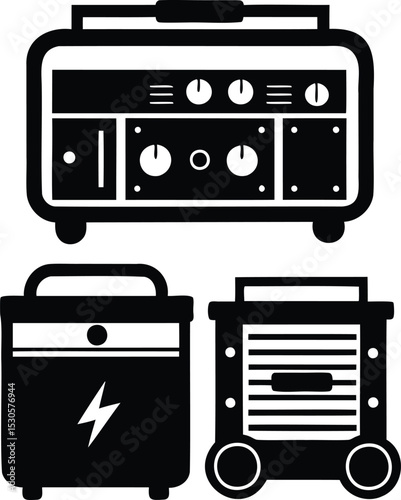 Electric Generator Vector Set – Silhouette Symbols of Charging Equipment and Portable Power Units for Backup, Construction, and Energy Supply Use