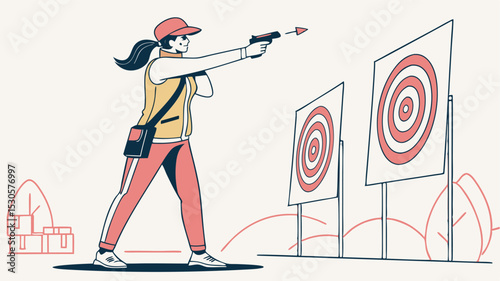 Woman in cap aiming a pistol at targets in a shooting range with trees and boxes in the background