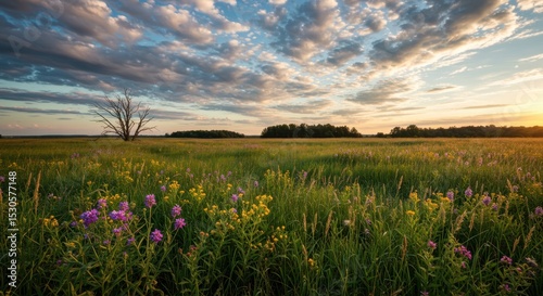 Wildflowers and Tall Grass on a Prairie with a Patterned Sky