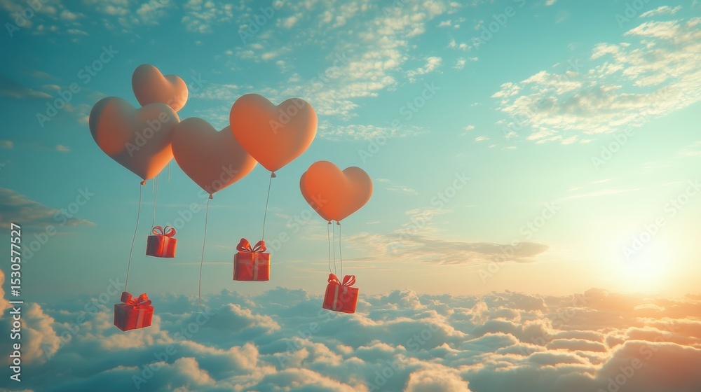 Fototapeta premium A Box flying on a parachute with pink cloud in valentine day,package flying down from sky and cloud with parachute, concept for delivery service,shopping online,air delivery service.