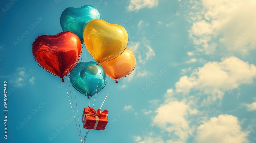 Fototapeta premium A Box flying on a parachute with pink cloud in valentine day,package flying down from sky and cloud with parachute, concept for delivery service,shopping online,air delivery service.