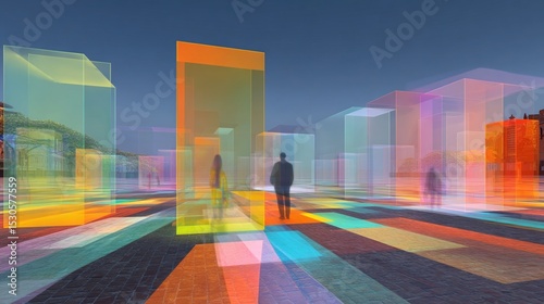 A panoramic scene depicting multiple hologram squares in a vibrant plaza each representing different viewpoints as a central automated AGI mediator analyzes the ongoing plebiscite to