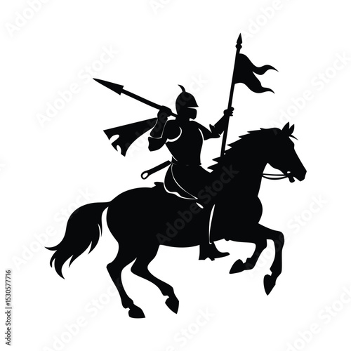 Bold Black and White Silhouette of Medieval Knight on Horseback with Lance and Flowing Cape.