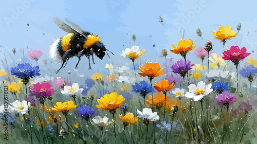 Golden daisies and wildflowers blanket a summer meadow, buzzing with bees enjoying the natural beauty under the sun