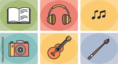 Hobby & Leisure Icon Set Fun Vector of Book, Camera, Headphones, Guitar, Game Controller, Paintbrush & Music Note.
