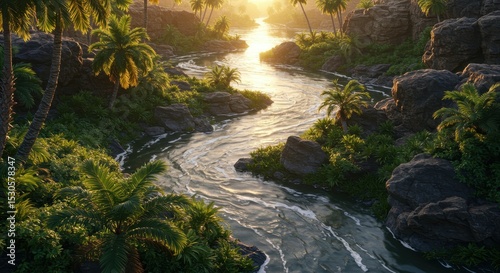 Branching River Delta with Swirling Water and Repeating Motifs