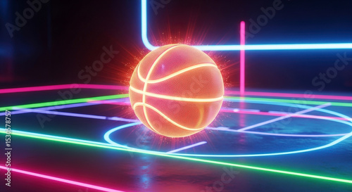Glowing Neon Basketball Displayed On A Basketball Court With Colorful Neon Lines And Dark Background