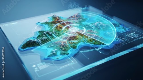 Global business technology concept with a digital world map on a blue background