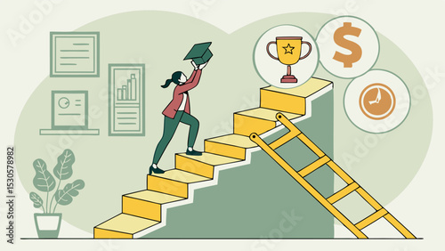 Woman climbing stairs holding graduation cap with trophy dollar and clock icons and ladder on the side