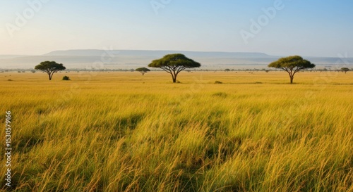 Layered Horizontal Patterns of a Savanna Landscape with Tall Grasses, Acacia Trees, and Distant Hills