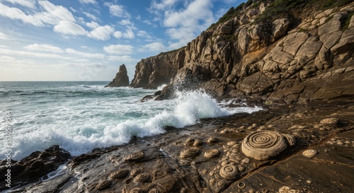 Dramatic Seaside Cliff with Crashing Waves, Rock Formations, and Spiral Shell Patterns