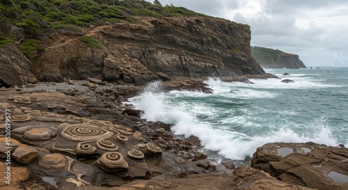 Coastal Cliff with Crashing Waves and Spiral Shell Patterns