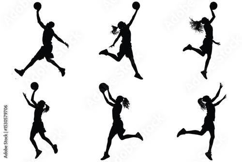 Silhouettes set of Girl Basketball Player in Action. Jump, Shot, Dribble, Dunk. Female  Athletic Player Clipart.