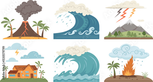 Natural Disaster Icon Set Flat Vector of Earthquake, Volcano, Tsunami, Tornado, Flood, Wildfire & Thunderstorm.