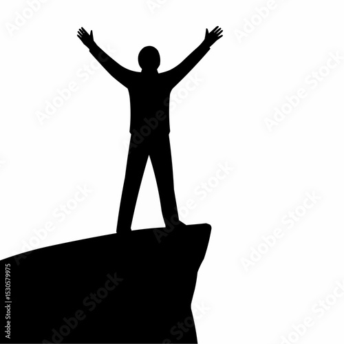 Silhouette of a person with arms upraised in victory, standing against the sunset sky