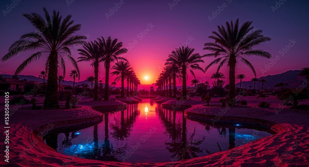 Obraz premium Pink Sunset over Palm Trees, Reflecting in the Water, a Desert Oasis Scene.