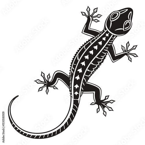 Detailed black gecko shows decorative tribal art, capturing its unique texture and pattern