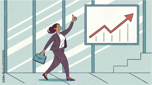 Businesswoman gives thumbs up next to a chart showing upward trend in an office environment clearly visible