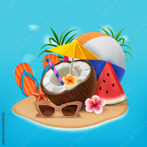Realistic Summer Illustration with Beach Items
